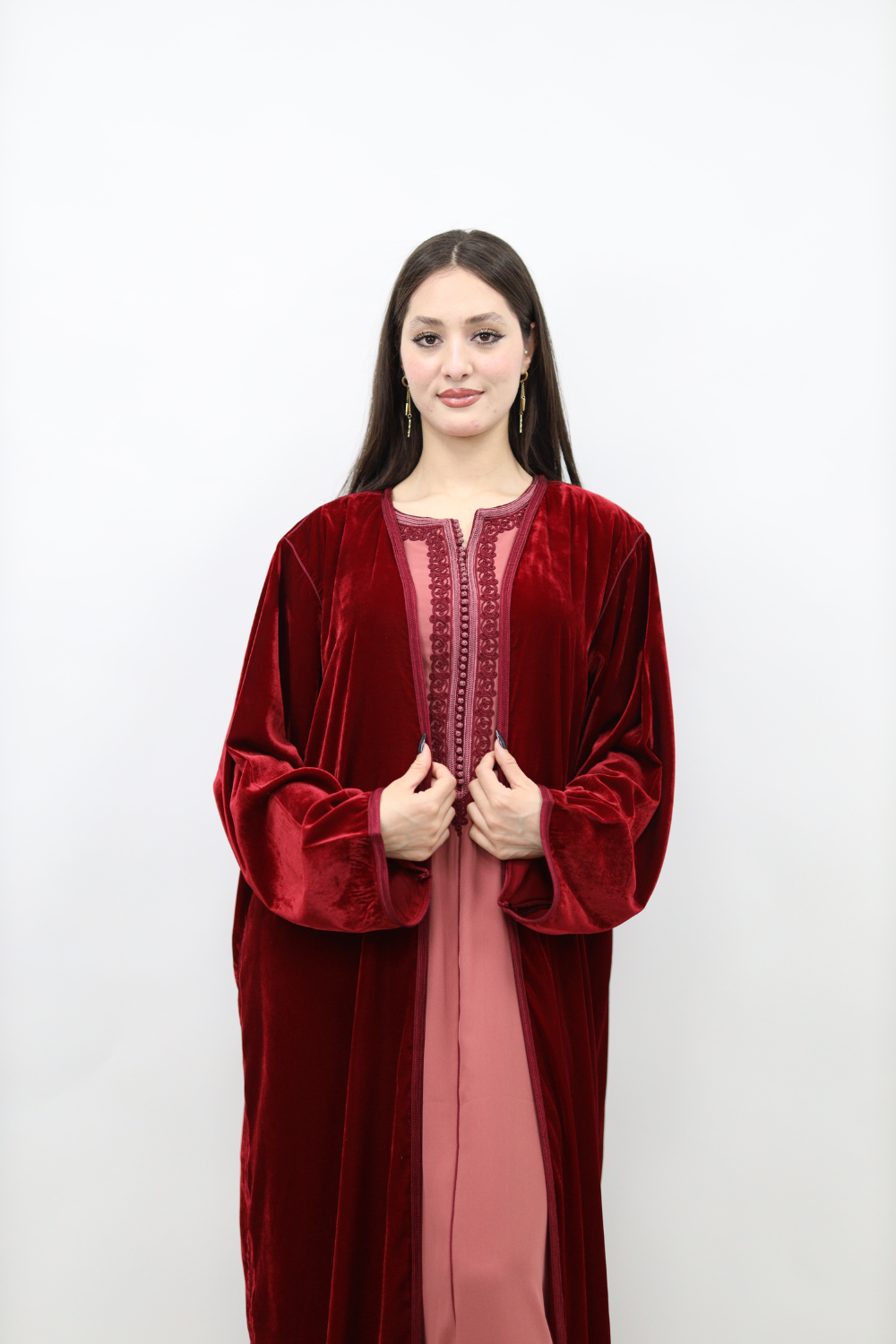 Moroccan Velvet Kaftan Dress – Burgundy