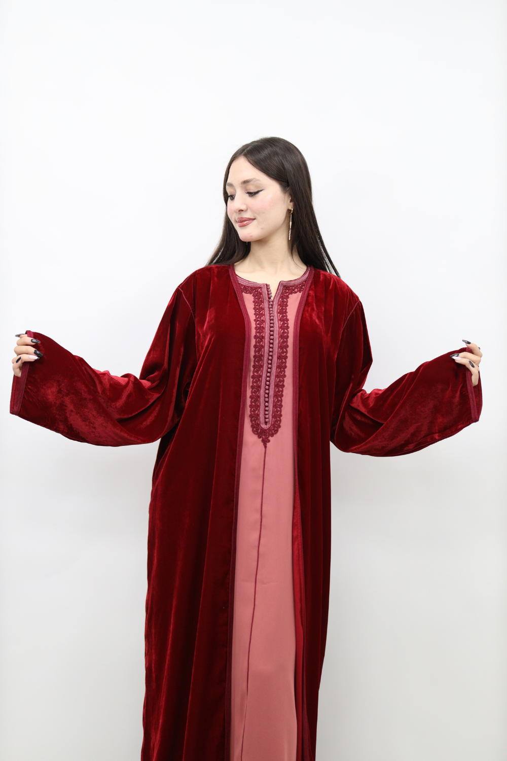 Moroccan Velvet Kaftan Dress – Burgundy