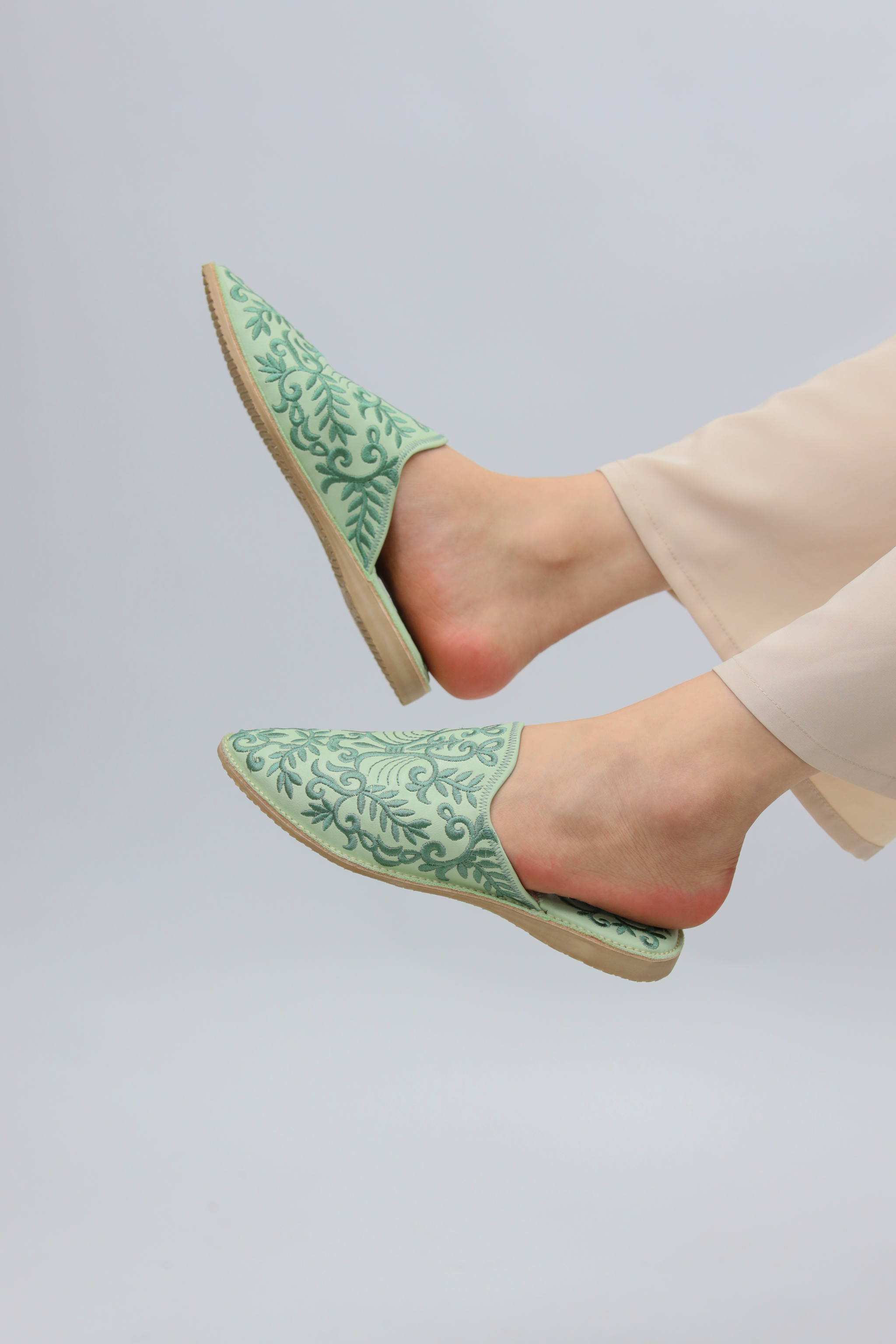 Handmade Embroidered Mules in Soft Mint Green